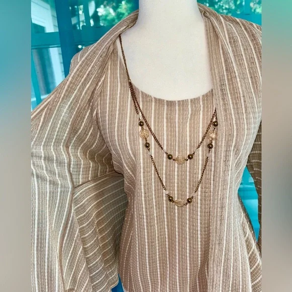 Alfred Dunner Cream White Petite Medium Latte Stripe Twinset Top w/ Necklace NWT - Picture 3 of 12